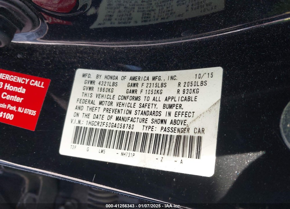 2016 HONDA ACCORD VIN: 1HGCR2F50GA058780