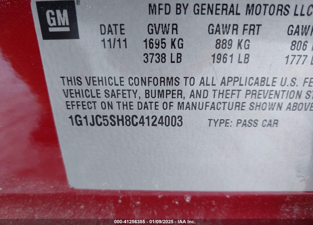 2012 CHEVROLET SONIC 2LT VIN: 1G1JC5SH8C4124003