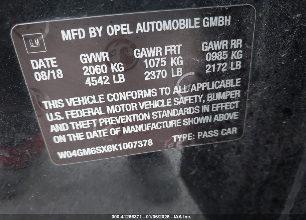 2019 BUICK REGAL SPORTBACK VIN: W04GM6SX6K1007378