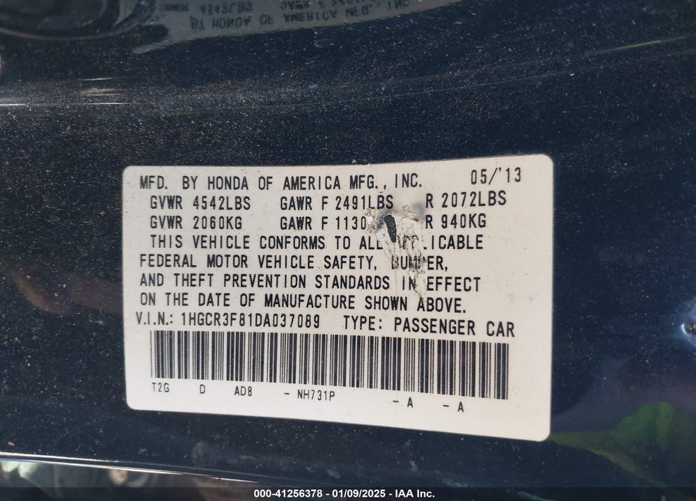 2013 HONDA ACCORD EX-L V-6 VIN: 1HGCR3F81DA037089
