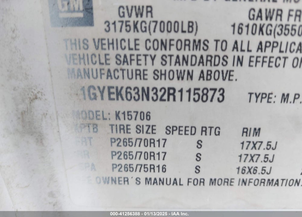 2002 CADILLAC ESCALADE STANDARD VIN: 1GYEK63N32R115873