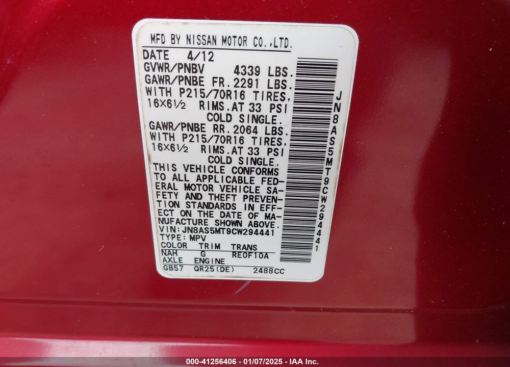 2012 NISSAN ROGUE S VIN: JN8AS5MT9CW294441