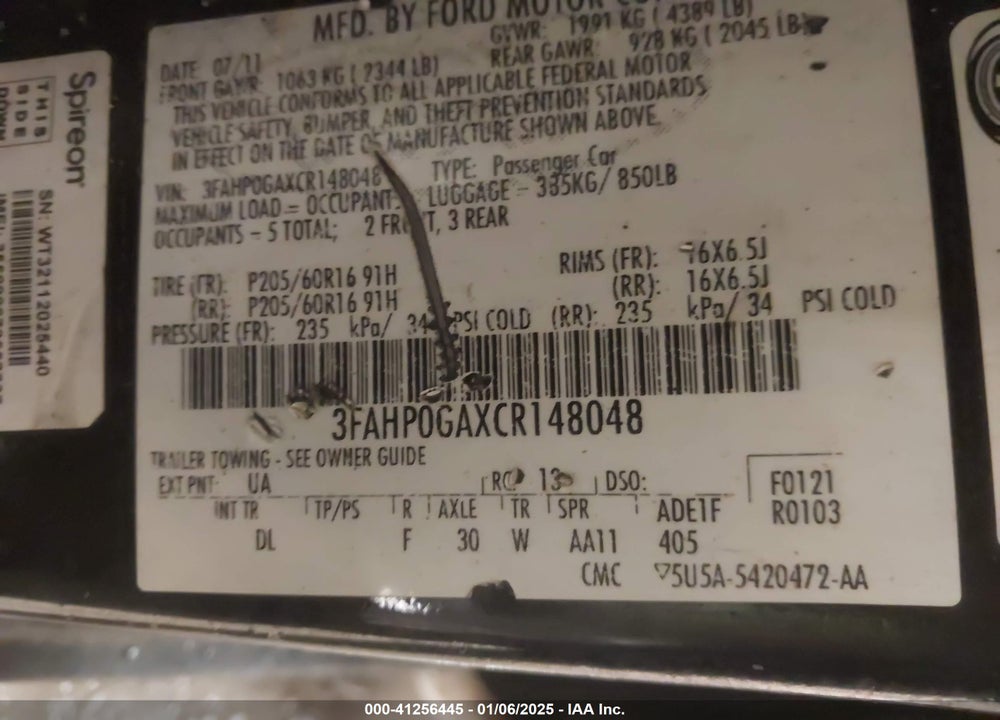 2012 FORD FUSION S VIN: 3FAHP0GAXCR148048