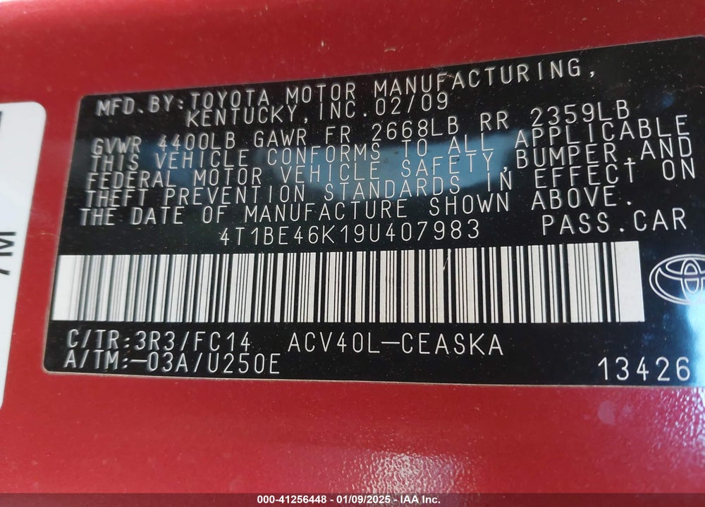 2009 TOYOTA CAMRY SE VIN: 4T1BE46K19U407983
