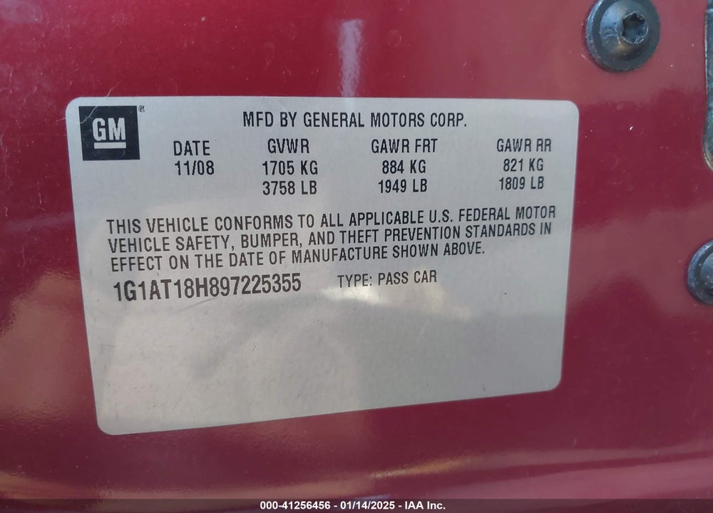 2009 CHEVROLET COBALT VIN: 1G1AT18H897225355