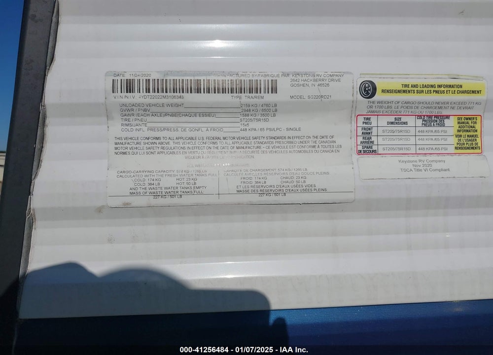 2021 KEYSTONE RV SPRINGDALE TRAVEL TRAILER VIN: 4YDT22022M3106343