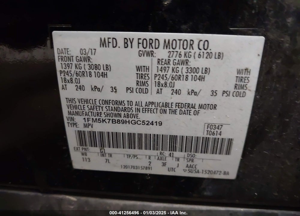 2017 FORD EXPLORER VIN: 1FM5K7B89HGC52419
