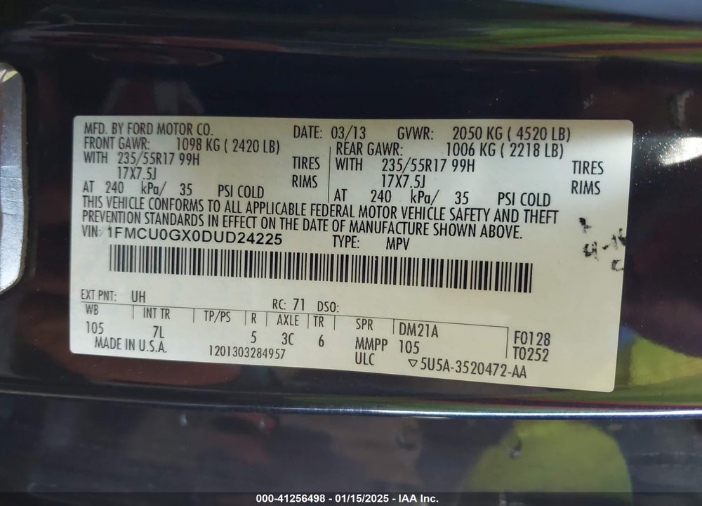2013 FORD ESCAPE SE VIN: 1FMCU0GX0DUD24225