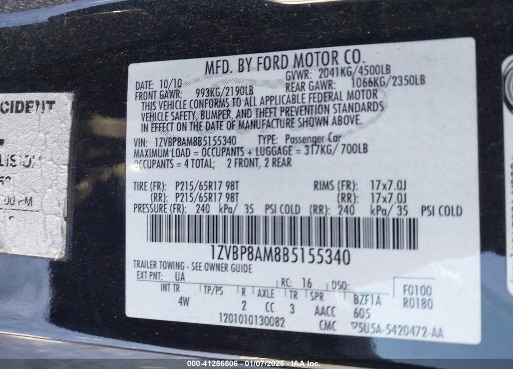 2011 FORD MUSTANG VIN: 1ZVBP8AM8B5155340