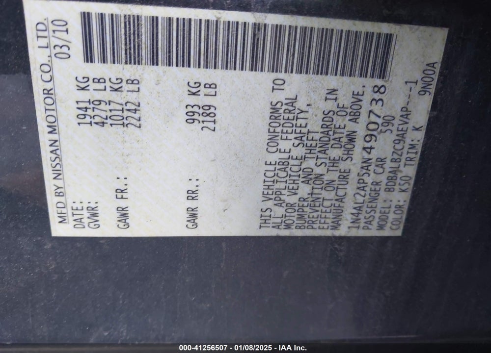 2010 NISSAN ALTIMA VIN: 1N4AL2AP5AN490738
