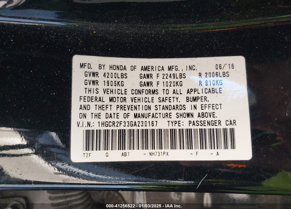 2016 HONDA ACCORD VIN: 1HGCR2F33GA230167