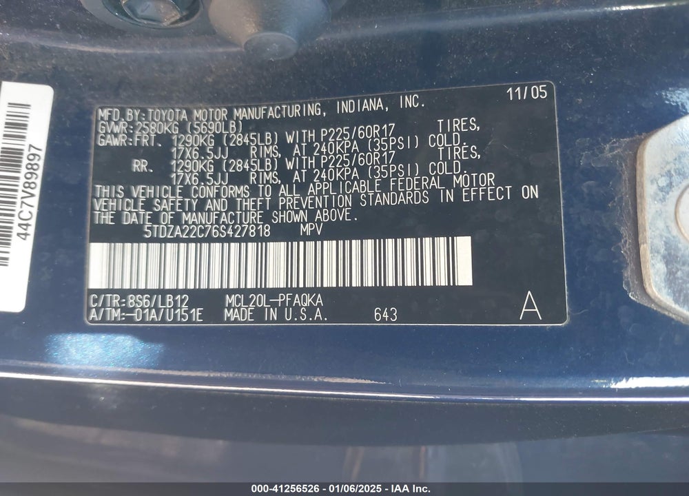 2006 TOYOTA SIENNA XLE VIN: 5TDZA22C76S427818