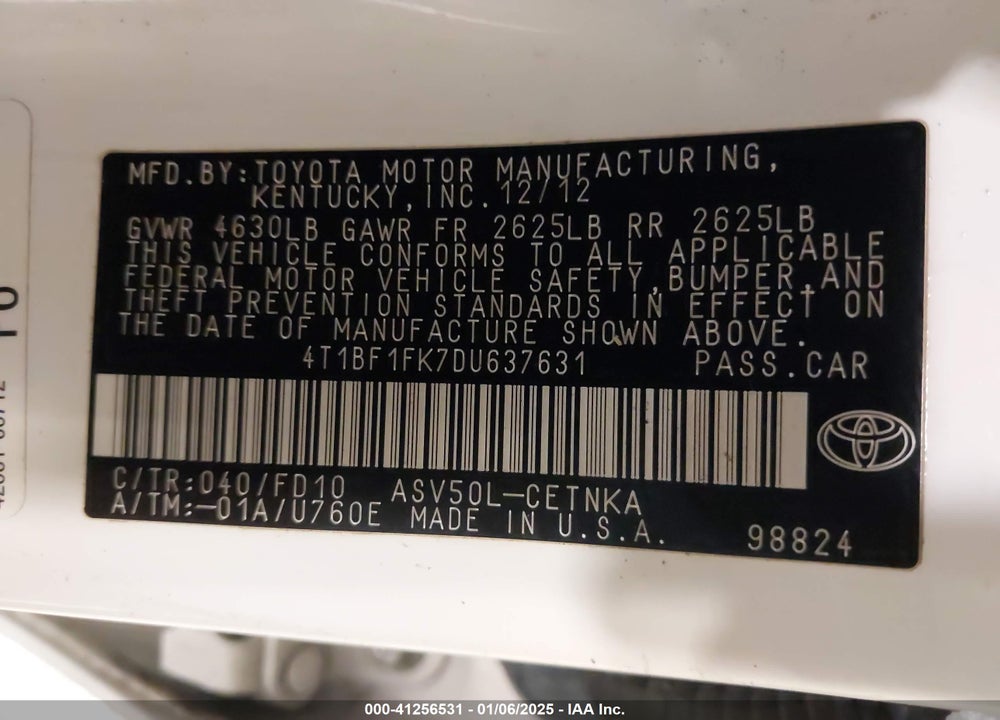 2013 TOYOTA CAMRY LE VIN: 4T1BF1FK7DU637631