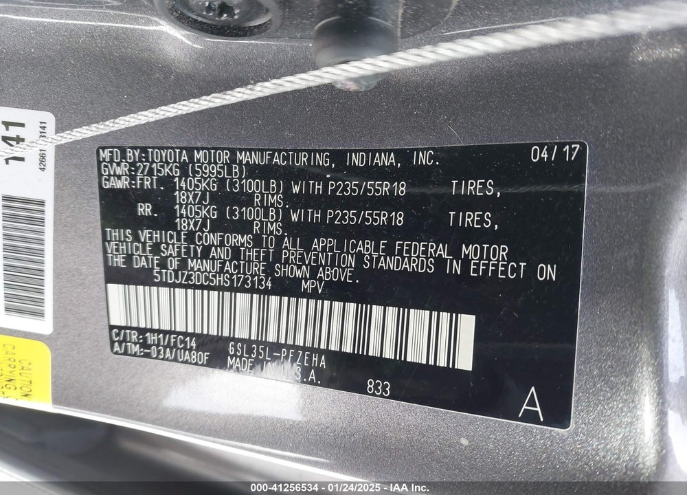 2017 TOYOTA SIENNA LE 7 PASSENGER VIN: 5TDJZ3DC5HS173134