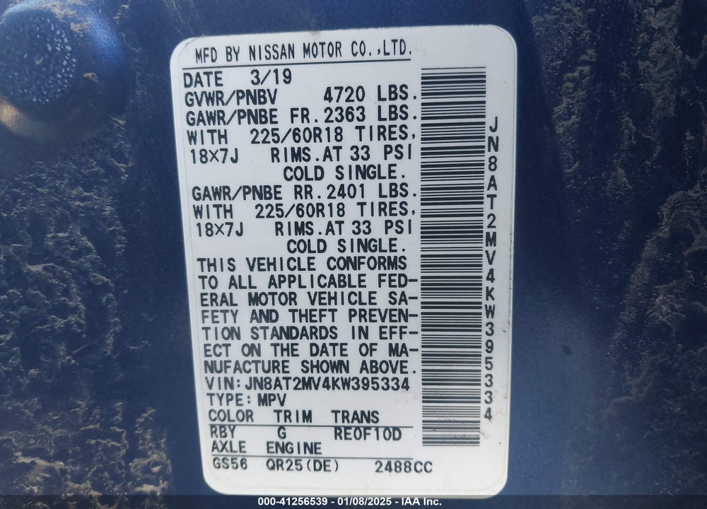2019 NISSAN ROGUE SV VIN: JN8AT2MV4KW395334
