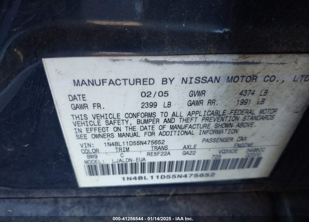 2005 NISSAN ALTIMA 3.5 SL VIN: 1N4BL11D55N475652