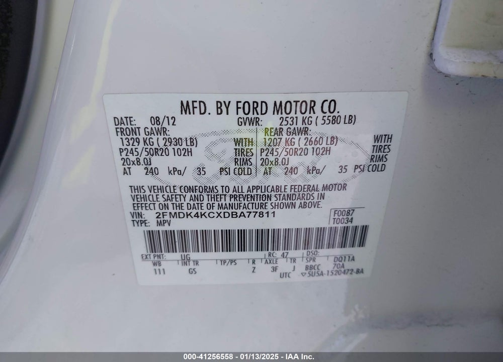 2013 FORD EDGE LIMITED VIN: 2FMDK4KCXDBA77811