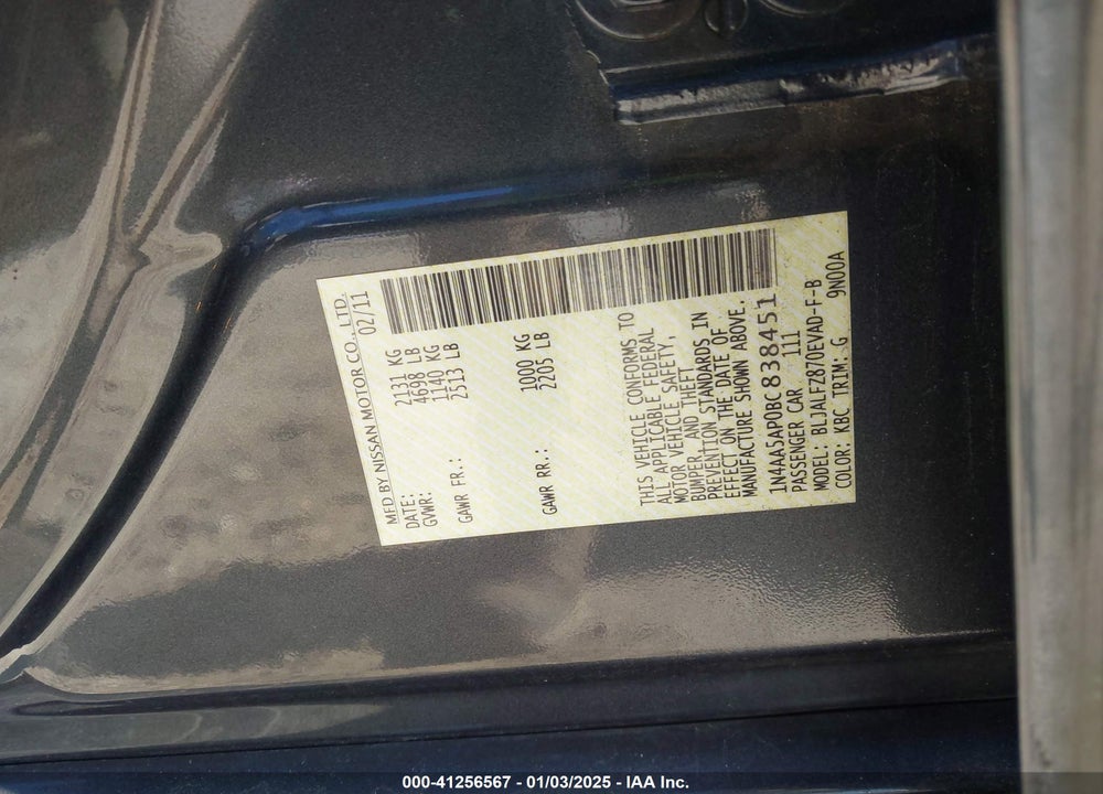 2011 NISSAN MAXIMA 3.5 SV VIN: 1N4AA5AP0BC838451
