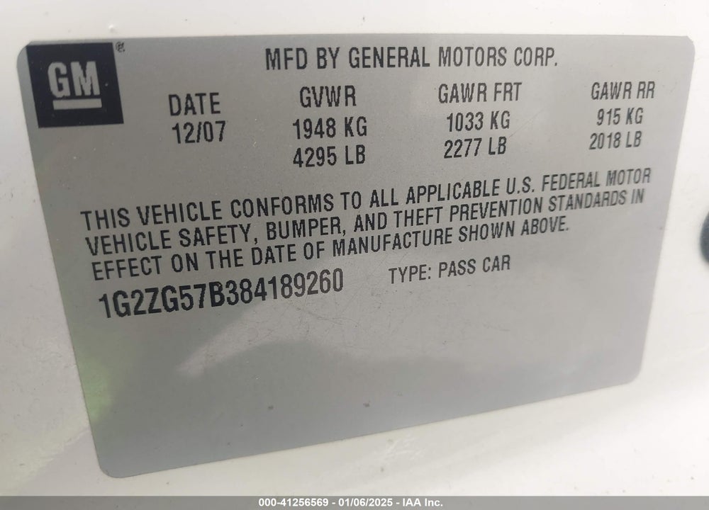 2008 PONTIAC G6 VIN: 1G2ZG57B384189260