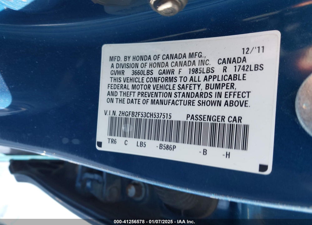 2012 HONDA CIVIC SDN VIN: 2HGFB2F53CH537515