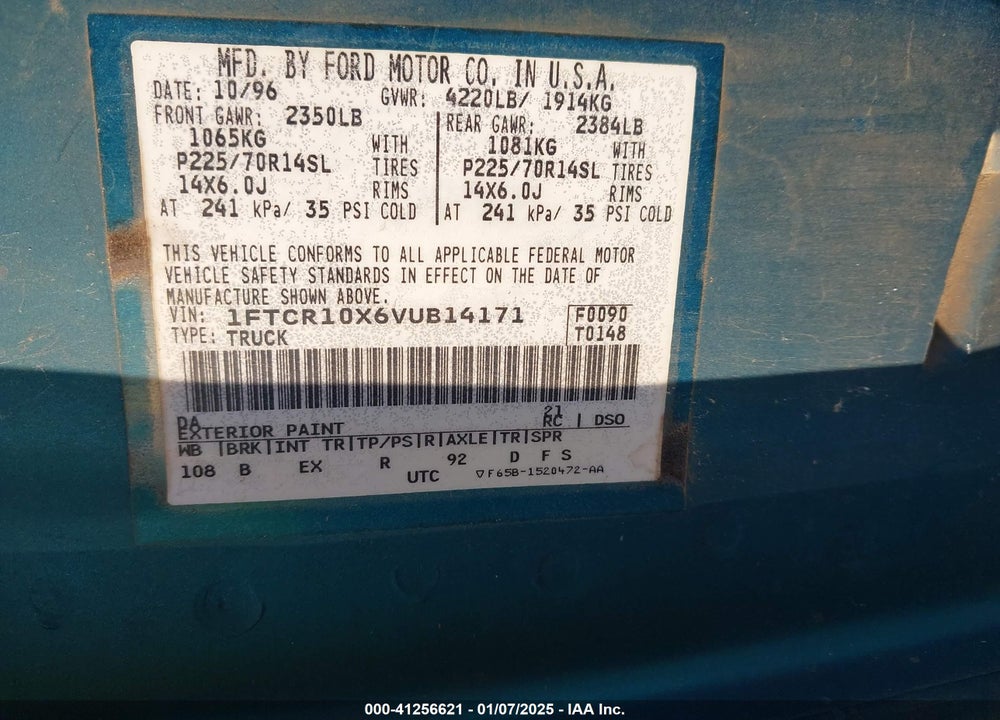 1997 FORD RANGER SPLASH/XL/XLT VIN: 1FTCR10X6VUB14171