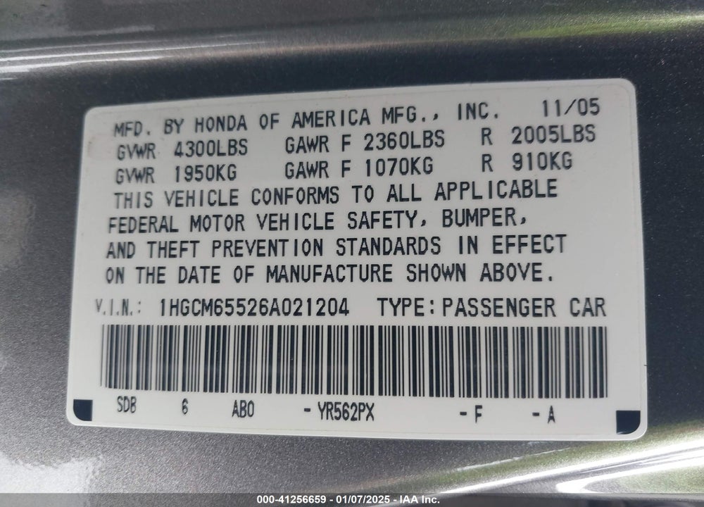 2006 HONDA ACCORD VIN: 1HGCM65526A021204