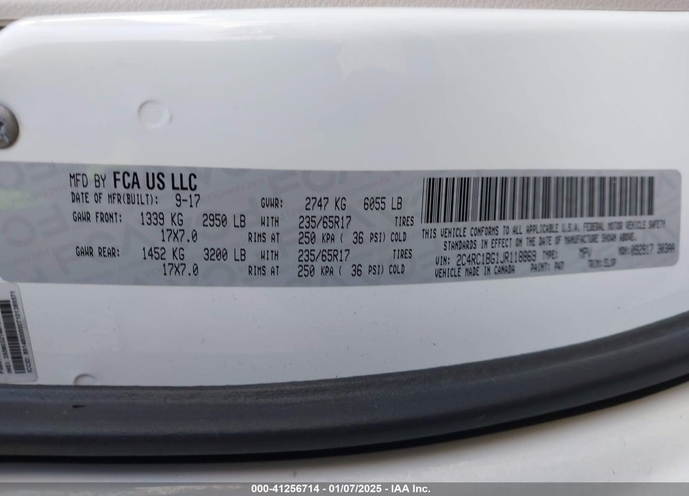 2018 CHRYSLER PACIFICA TOURING L VIN: 2C4RC1BG1JR118869
