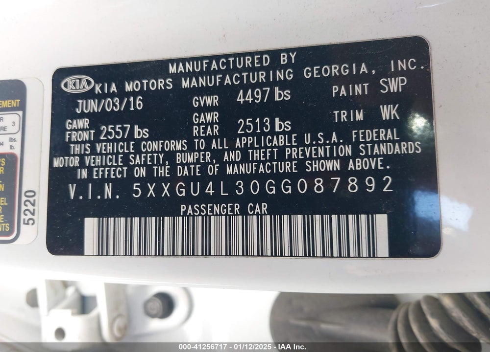 2016 KIA OPTIMA VIN: 5XXGU4L30GG087892
