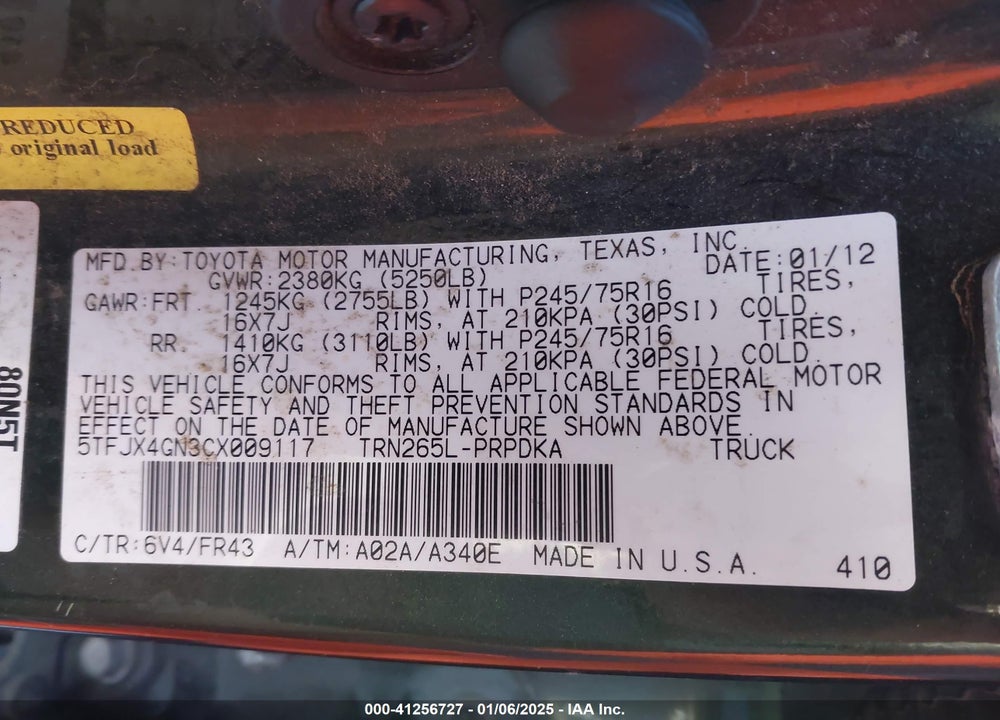 2012 TOYOTA TACOMA PRERUNNER VIN: 5TFJX4GN3CX009117