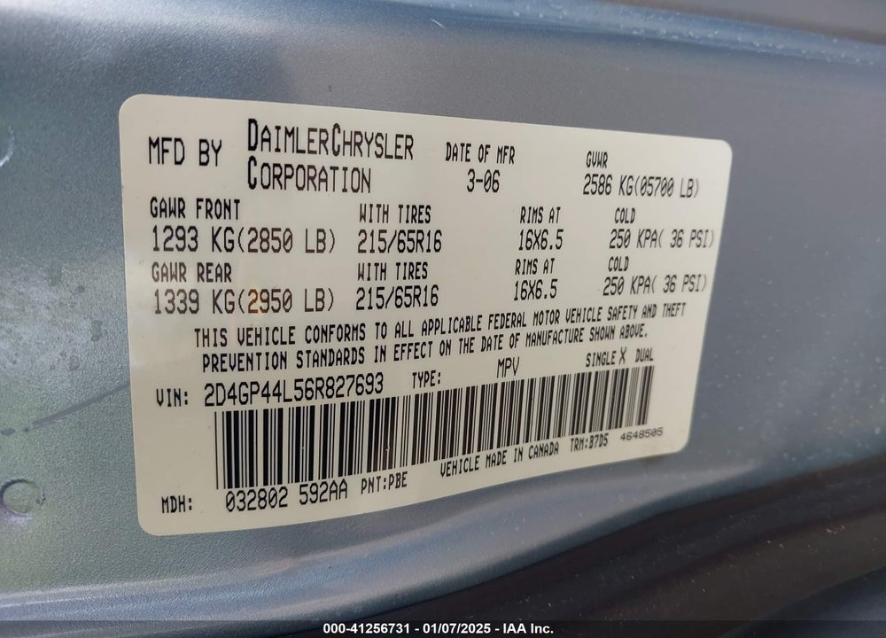2006 DODGE GRAND CARAVAN SXT VIN: 2D4GP44L56R827693