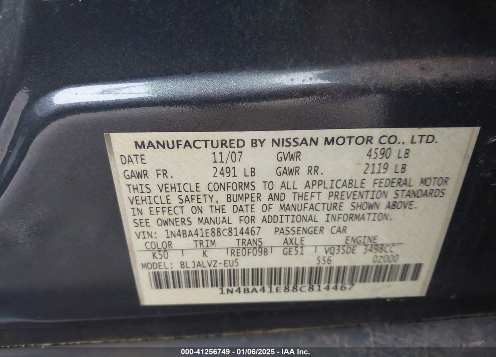 2008 NISSAN MAXIMA 3.5 SE VIN: 1N4BA41E88C814467