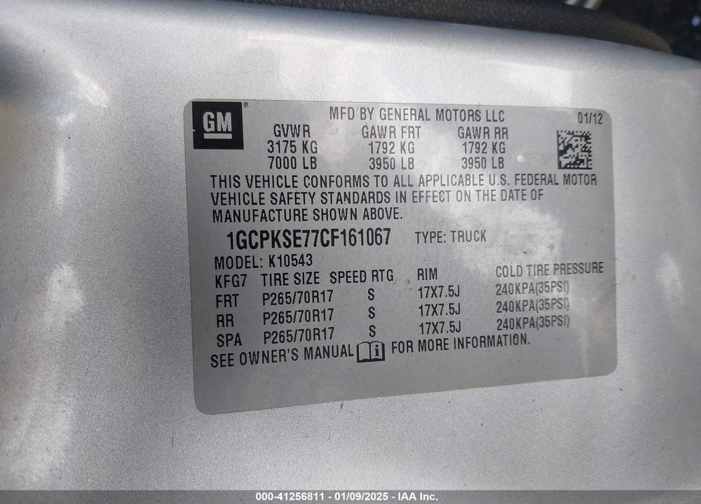 2012 CHEVROLET SILVERADO VIN: 1GCPKSE77CF161067