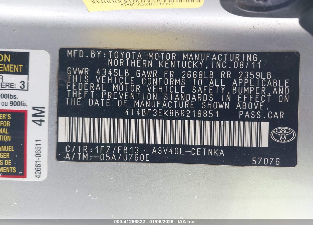 2011 TOYOTA CAMRY LE VIN: 4T4BF3EK8BR218851