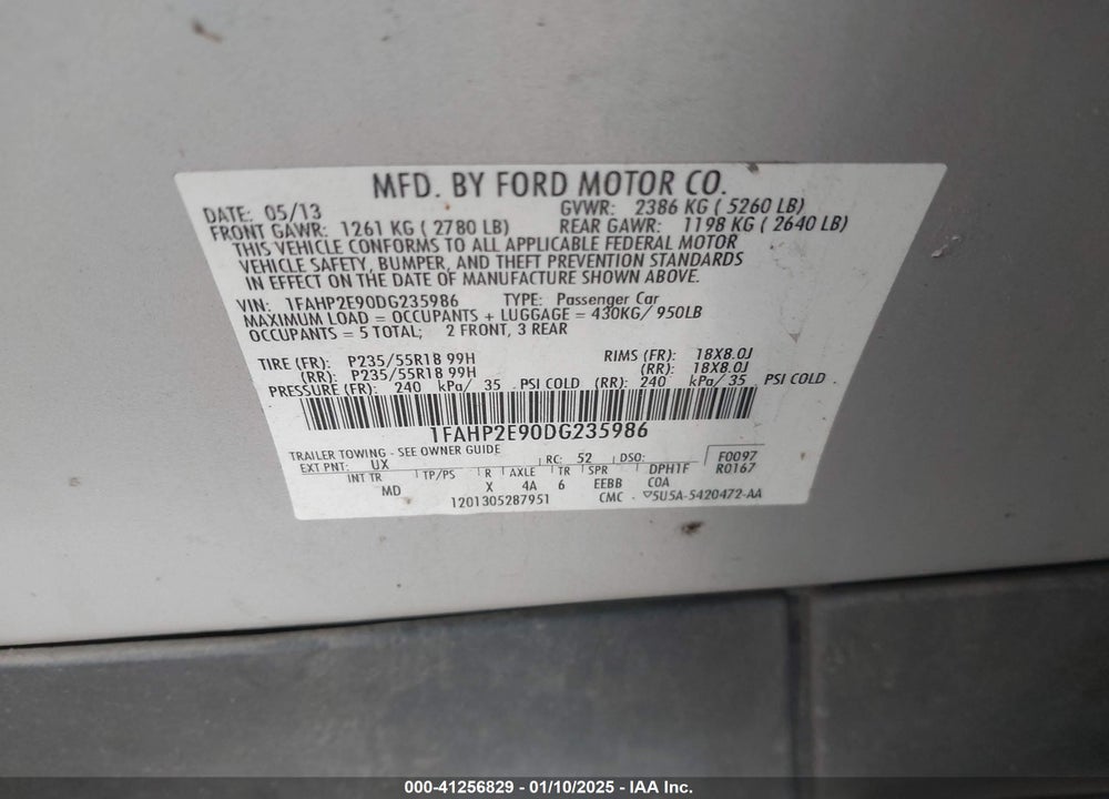 2013 FORD TAURUS VIN: 1FAHP2E90DG235986