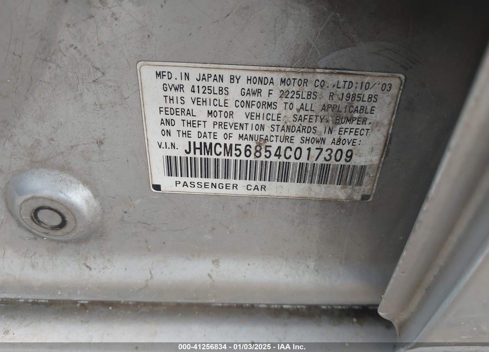 2004 HONDA ACCORD 2.4 EX VIN: JHMCM56854C017309
