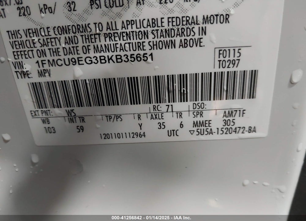 2011 FORD ESCAPE LIMITED VIN: 1FMCU9EG3BKB35651