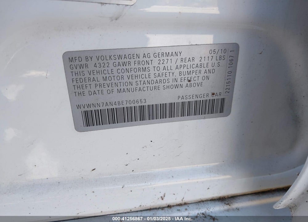 2011 VOLKSWAGEN CC VIN: WVWNN7AN4BE700653