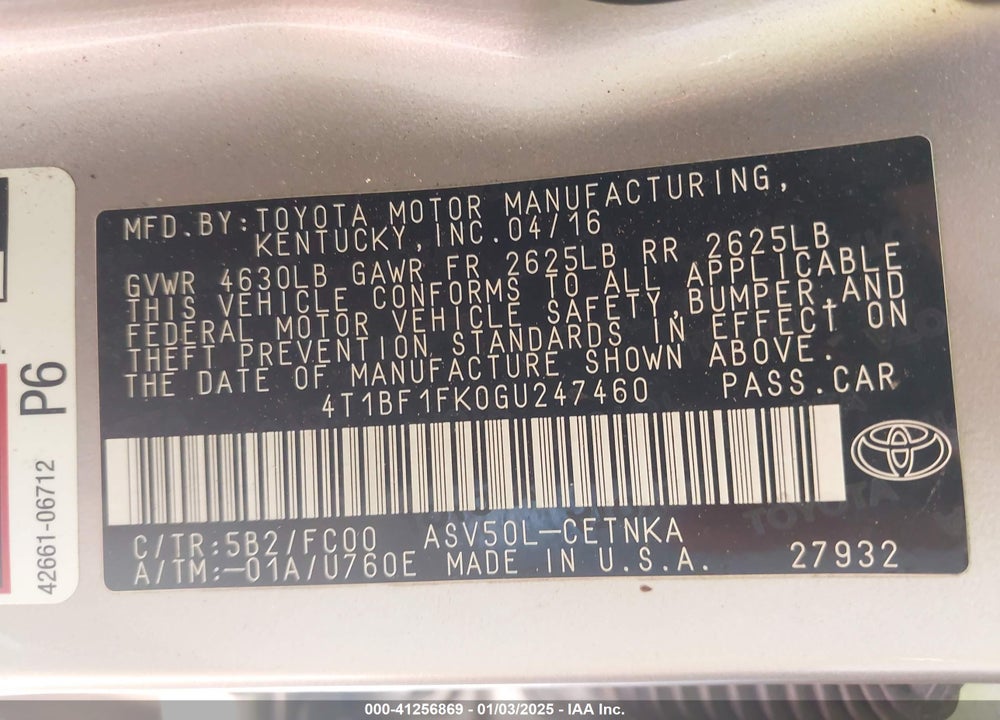 2016 TOYOTA CAMRY LE VIN: 4T1BF1FK0GU247460