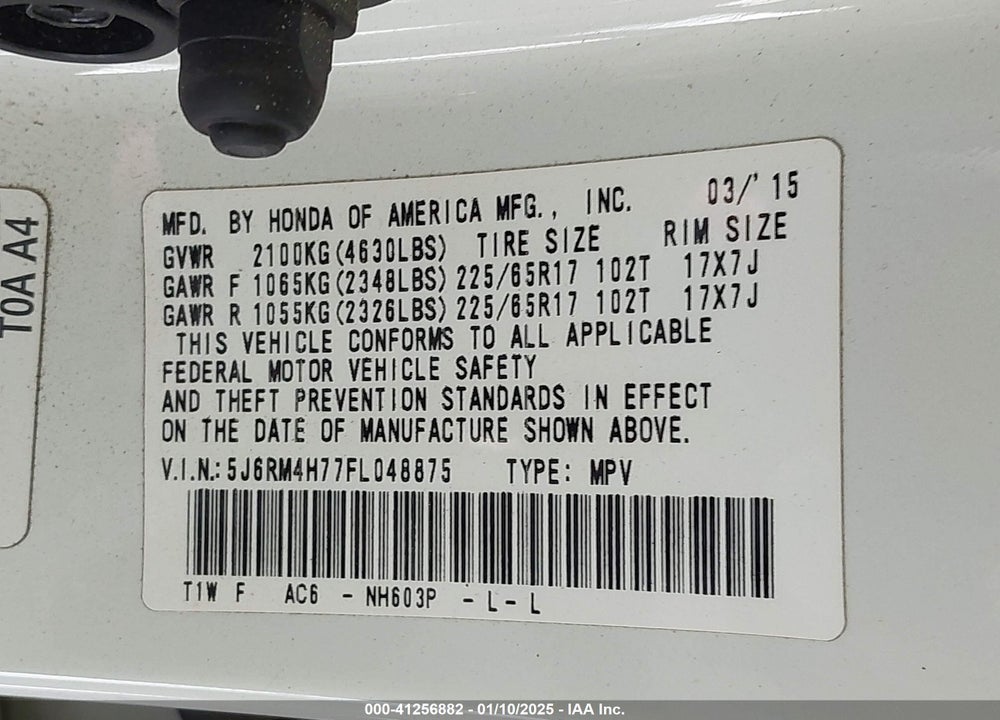 2015 HONDA CR-V EX-L VIN: 5J6RM4H77FL048875