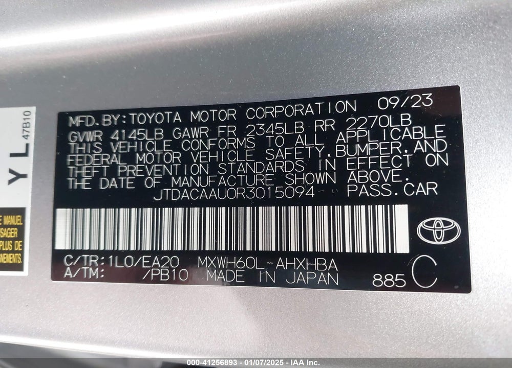2024 TOYOTA PRIUS LIMITED VIN: JTDACAAU0R3015094