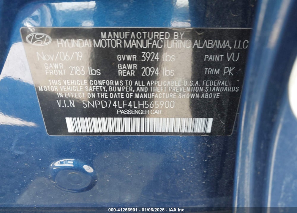 2020 HYUNDAI ELANTRA VIN: 5NPD74LF4LH565900
