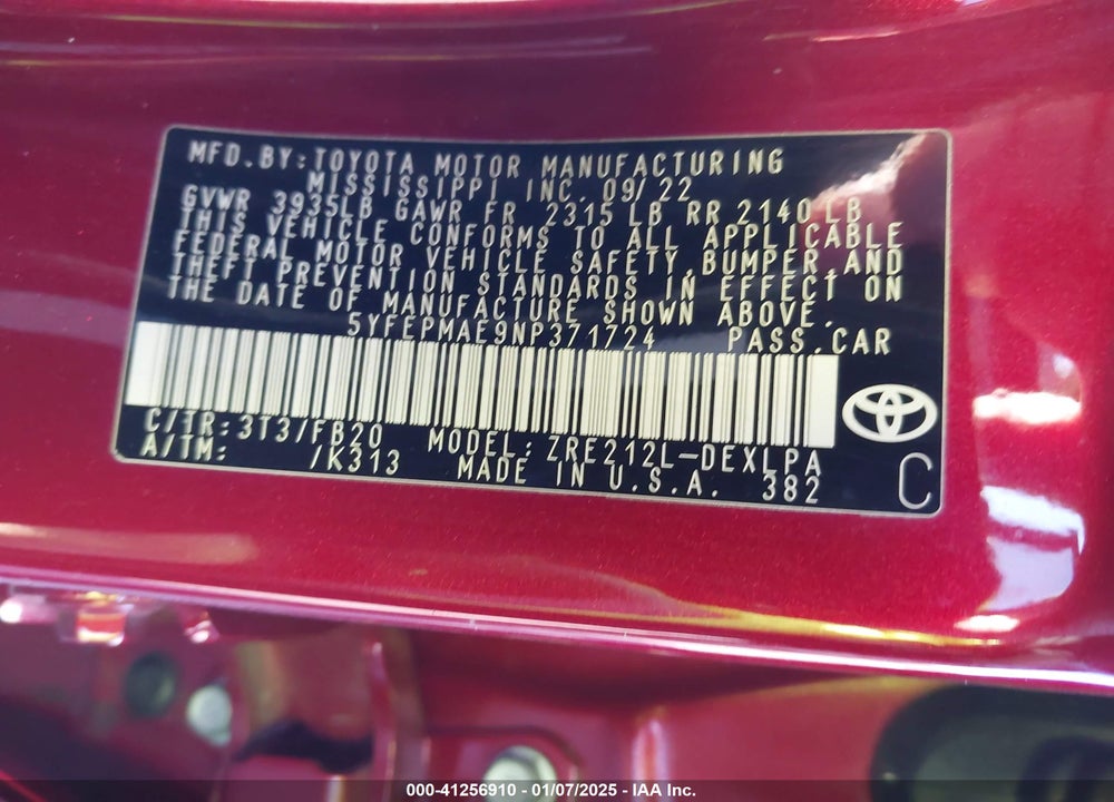 2022 TOYOTA COROLLA VIN: 5YFEPMAE9NP371724
