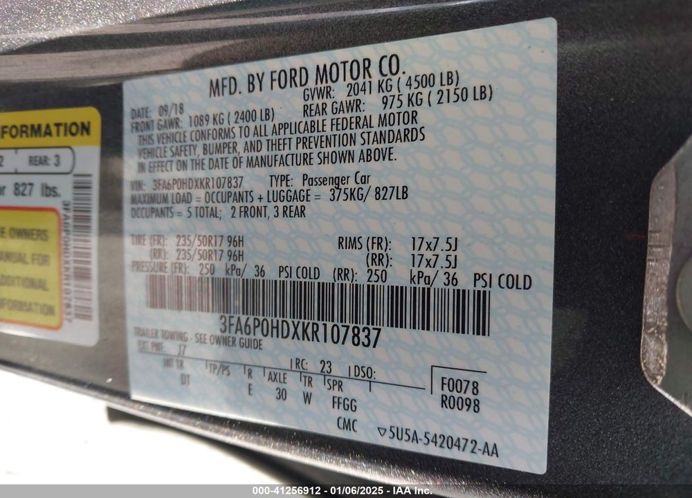 2019 FORD FUSION VIN: 3FA6P0HDXKR107837