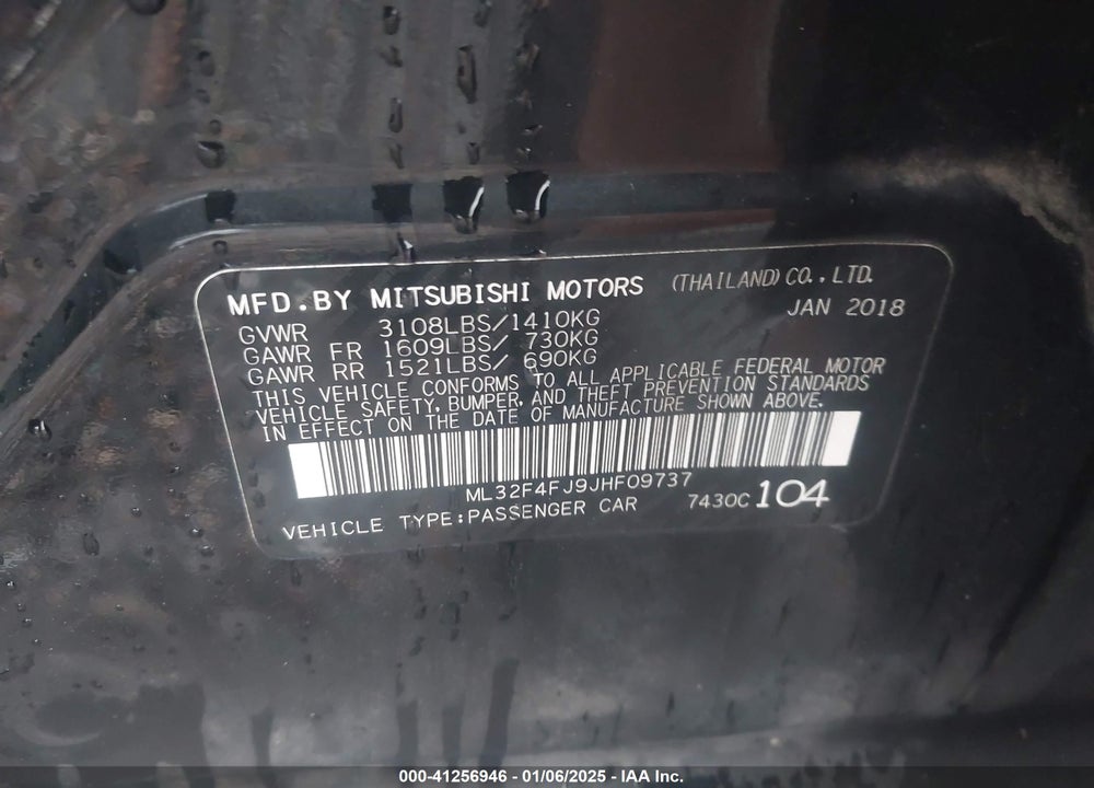 2018 MITSUBISHI MIRAGE VIN: ML32F4FJ9JHF09737