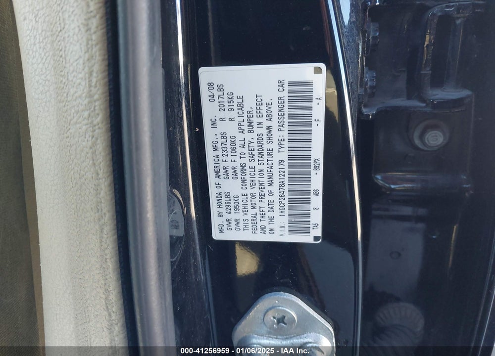 2008 HONDA ACCORD 2.4 LX-P VIN: 1HGCP26478A122179