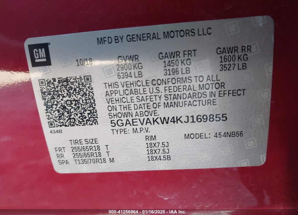 2019 BUICK ENCLAVE VIN: 5GAEVAKW4KJ169855