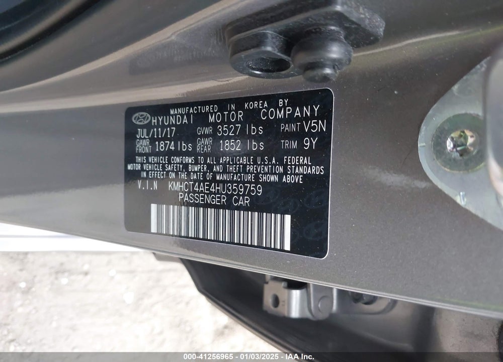 2017 HYUNDAI ACCENT VALUE EDITION VIN: KMHCT4AE4HU359759