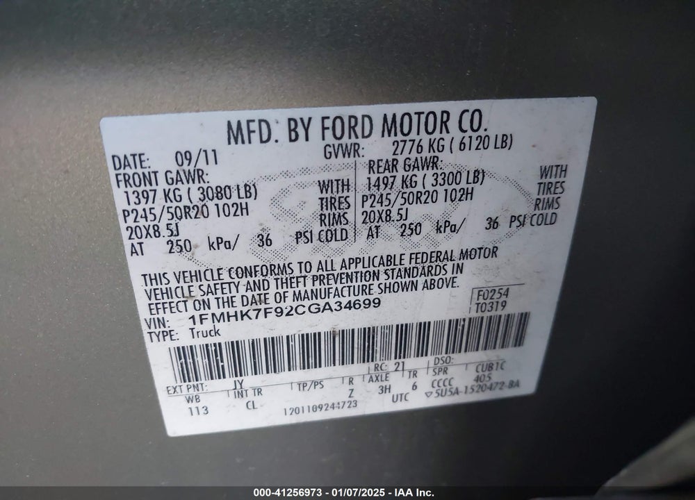 2012 FORD EXPLORER LIMITED VIN: 1FMHK7F92CGA34699