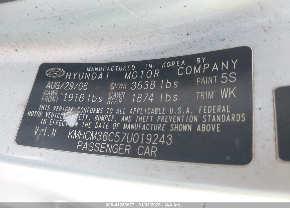 2007 HYUNDAI ACCENT VIN: KMHCM36C57U019243