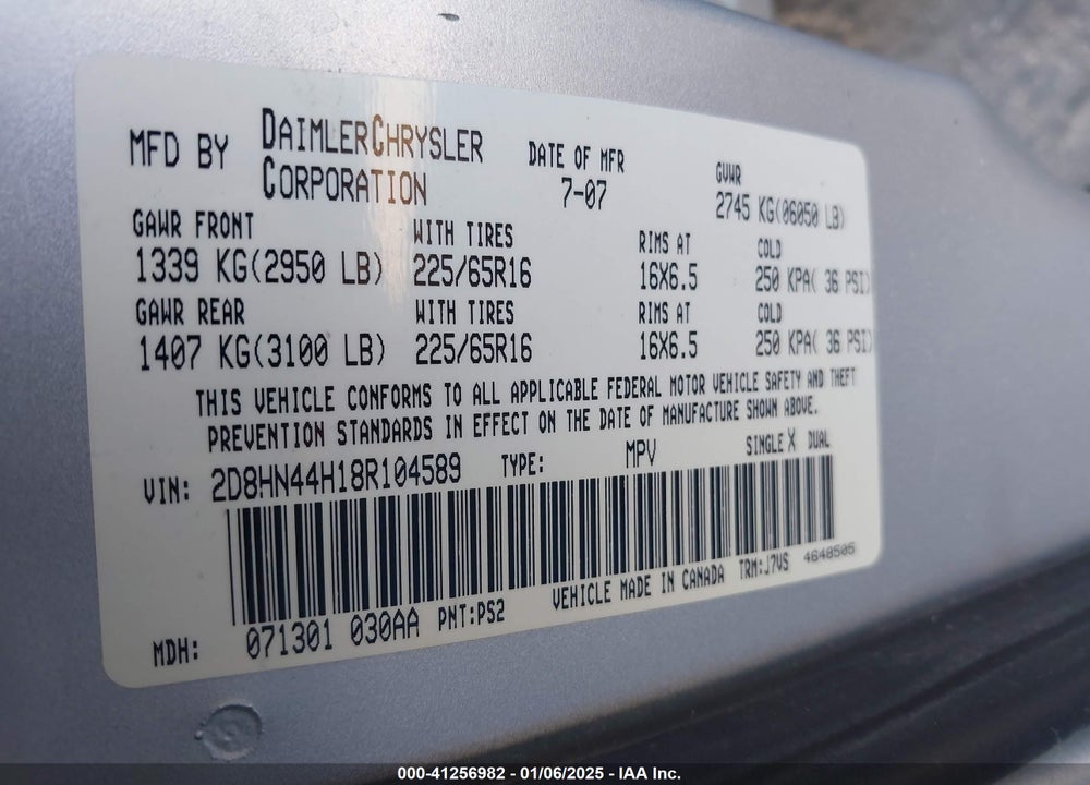 2008 DODGE GRAND CARAVAN SE VIN: 2D8HN44H18R104589